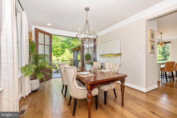 Chandelier, Dining room, Interior, Pendant Lights, Recessed Lighting, Wood Texture Flooring