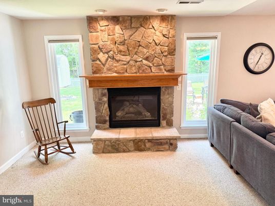Fireplace, Interior, Recessed Lighting, Stone Walls