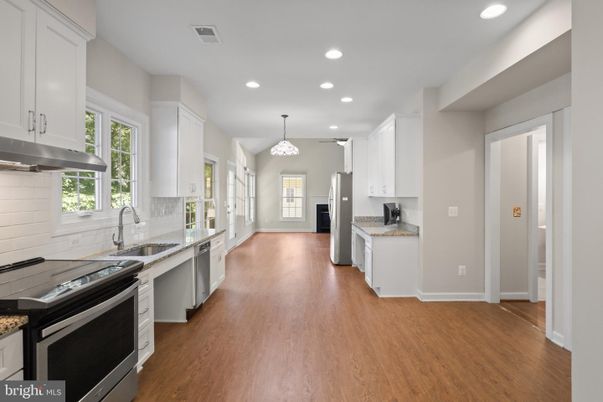Chandelier, Interior, Kitchen, Pendant Lights, Recessed Lighting, Wood Texture Flooring