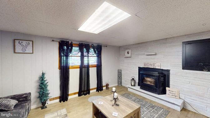 Fireplace, Interior, Recessed Lighting, Wood Texture Flooring, Wooden Walls