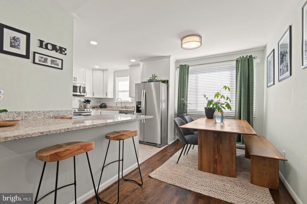 Dining room, Interior, Kitchen, Recessed Lighting, Stainless Steel Appliances, Wood Texture Flooring