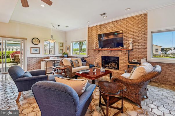 Dining room, Fireplace, Interior, Living room, Pendant Lights, Recessed Lighting, Stone Walls