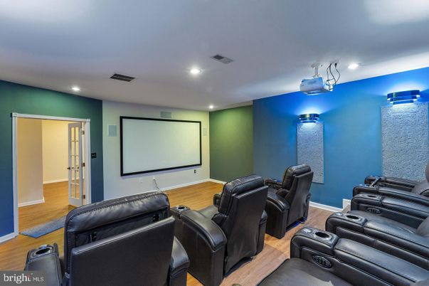 Home Theatre Room, Interior, Projection Screen, Recessed Lighting, Theatre Room, Wood Texture Flooring