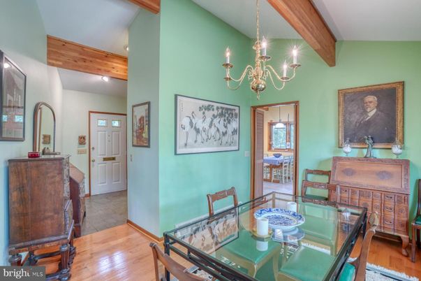 Chandelier, Dining room, Interior, Wooden Beams, Wood Texture Flooring