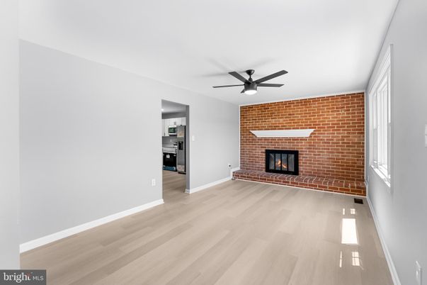 Empty room, Fireplace, Interior, Stone Walls, Wood Texture Flooring