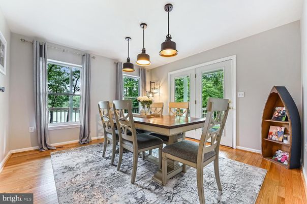 Dining room, Interior, Pendant Lights, Wood Texture Flooring