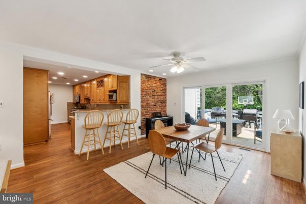 Dining room, Interior, Kitchen, Recessed Lighting, Stone Walls, Wood Texture Flooring