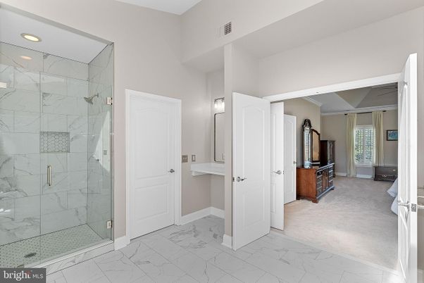Bathroom, Glass Shower, Interior, Marble, Marble Walls, Recessed Lighting