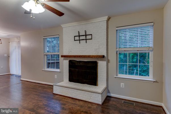 Empty room, Fireplace, Interior, Stone Walls, Wood Texture Flooring