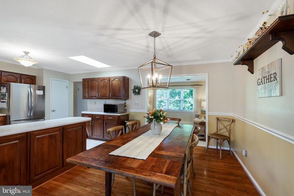 Dining room, Interior, Kitchen, Pendant Lights, Stainless Steel Appliances, Wood Texture Flooring