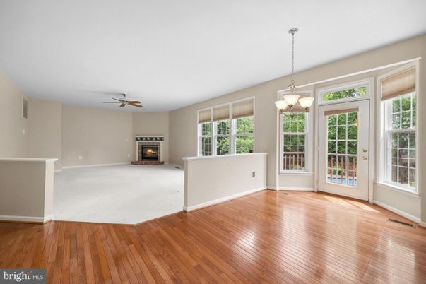 Empty room, Fireplace, Interior, Pendant Lights, Wood Texture Flooring