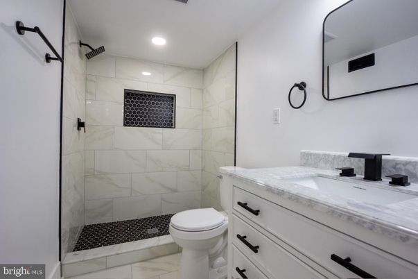 Bathroom, Glass Shower, Interior, Marble, Marble Walls, Recessed Lighting