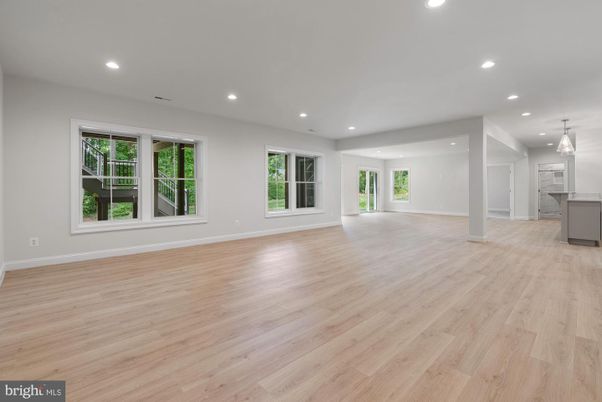 Empty room, Interior, Kitchen, Pendant Lights, Recessed Lighting, Wood Texture Flooring