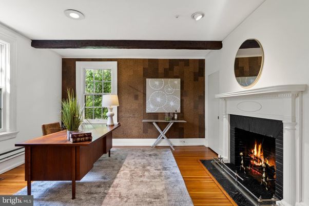 Fireplace, Home Office, Interior, Recessed Lighting, Wooden Beams, Wood Texture Flooring