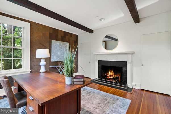 Fireplace, Home Office, Interior, Recessed Lighting, Wooden Beams, Wood Texture Flooring