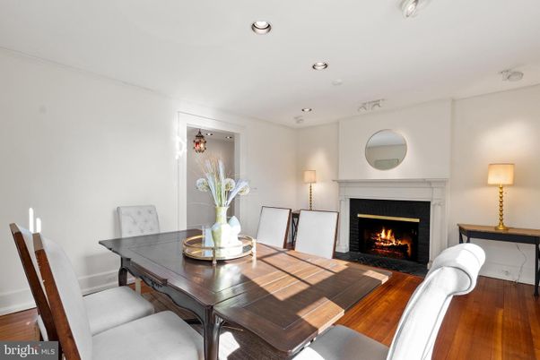 Dining room, Fireplace, Interior, Recessed Lighting, Wood Texture Flooring