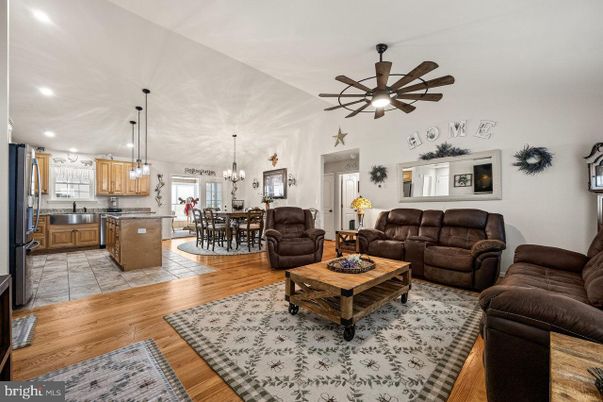 Chandelier, Dining room, Interior, Kitchen, Living room, Pendant Lights, Recessed Lighting, Wood Texture Flooring