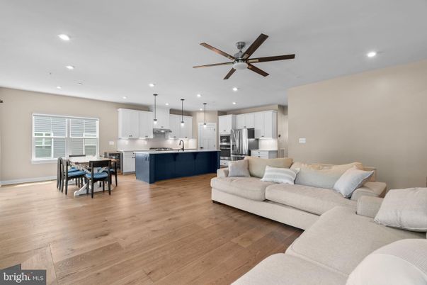 Dining room, Interior, Kitchen, Living room, Pendant Lights, Recessed Lighting, Stainless Steel Appliances, Wood Texture Flooring