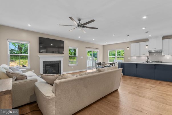 Dining room, Fireplace, Interior, Kitchen, Living room, Pendant Lights, Recessed Lighting, Stainless Steel Appliances, Wood Texture Flooring