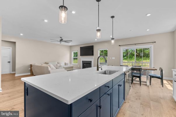 Dining room, Fireplace, Interior, Kitchen, Living room, Pendant Lights, Recessed Lighting, Wood Texture Flooring
