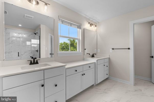 Bathroom, Dual Sink Vanities, Glass Shower, Interior, Marble, Marble Walls, Recessed Lighting