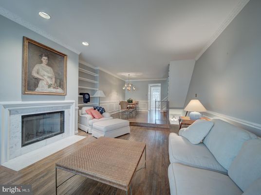 Chandelier, Fireplace, Interior, Living room, Recessed Lighting, Wood Texture Flooring