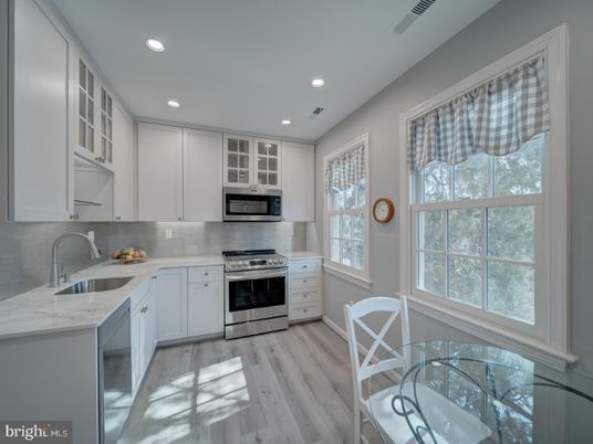 Interior, Kitchen, Recessed Lighting, Stainless Steel Appliances, Wood Texture Flooring