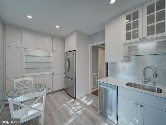 Dining room, Interior, Kitchen, Recessed Lighting, Stainless Steel Appliances, Wood Texture Flooring
