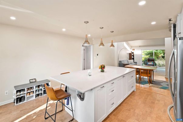 Dining room, Interior, Kitchen, Pendant Lights, Recessed Lighting, Wood Texture Flooring