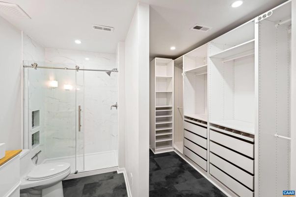 Bathroom, Glass Shower, Interior, Marble Walls, Recessed Lighting, Walk-in Closets