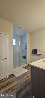 Bathroom, Glass Shower, Interior, Wood Texture Flooring
