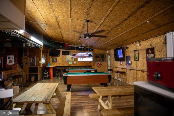 Billiard Table, Game Room, Interior, Pendant Lights, Wood Texture Flooring, Wooden Walls