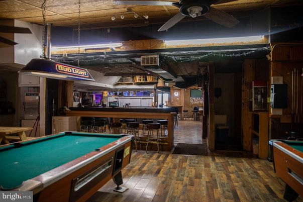 Billiard Table, Game Room, Interior, Pendant Lights, Wood Texture Flooring
