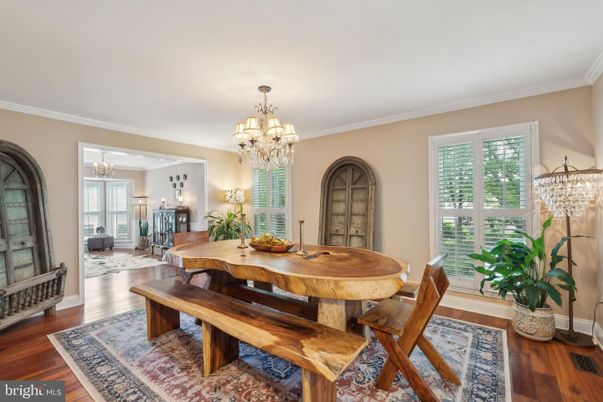 Chandelier, Dining room, Interior, Wood Texture Flooring