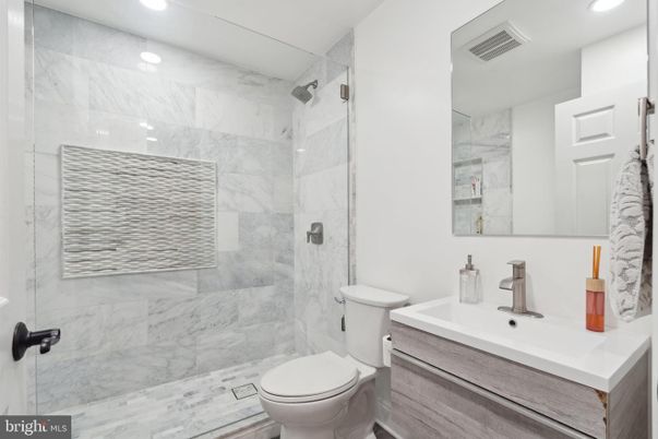 Bathroom, Glass Shower, Interior, Marble Walls, Recessed Lighting