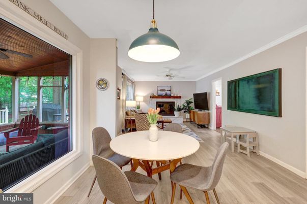 Dining room, Fireplace, Interior, Living room, Pendant Lights, Wood Texture Flooring