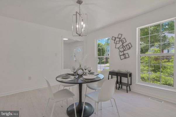 Dining room, Interior, Pendant Lights, Recessed Lighting, Wood Texture Flooring
