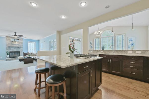 Fireplace, Interior, Kitchen, Living room, Pendant Lights, Recessed Lighting, Wood Texture Flooring