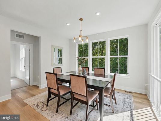 Dining room, Interior, Pendant Lights, Recessed Lighting, Wood Texture Flooring
