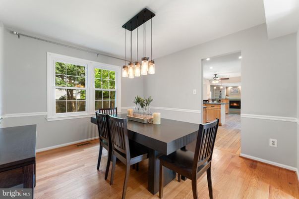 Dining room, Interior, Pendant Lights, Recessed Lighting, Wood Texture Flooring