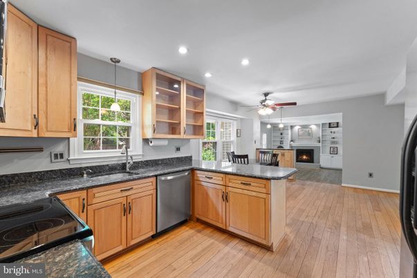 Dining room, Fireplace, Interior, Kitchen, Pendant Lights, Recessed Lighting, Wood Texture Flooring