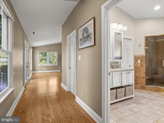 Bathroom, Glass Shower, Interior, Recessed Lighting, Wood Texture Flooring