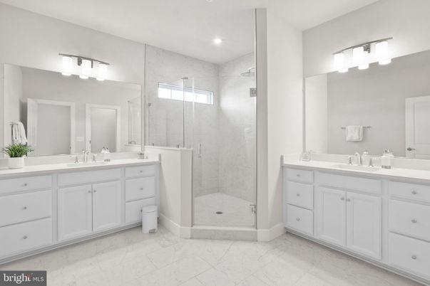 Bathroom, Dual Sink Vanities, Glass Shower, Interior, Marble, Marble Walls, Recessed Lighting