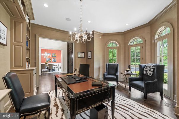 Chandelier, Home Office, Interior, Recessed Lighting, Wood Texture Flooring