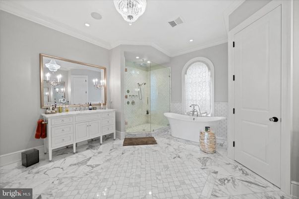 Bathroom, Chandelier, Free Standing Baths, Glass Shower, Interior, Marble, Recessed Lighting