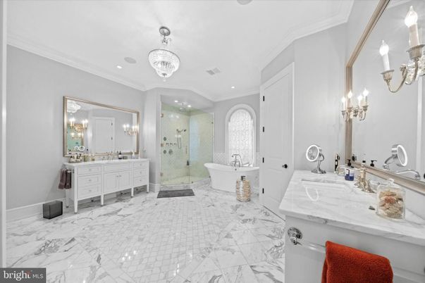 Bathroom, Chandelier, Dual Sink Vanities, Free Standing Baths, Glass Shower, Interior, Marble, Recessed Lighting