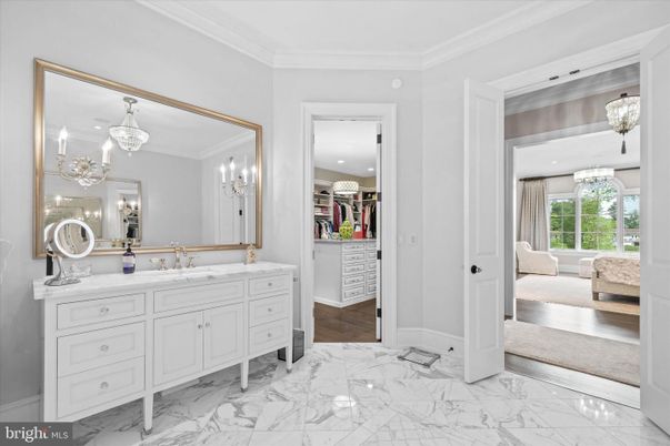 Bathroom, Chandelier, Dual Sink Vanities, Interior, Marble, Recessed Lighting
