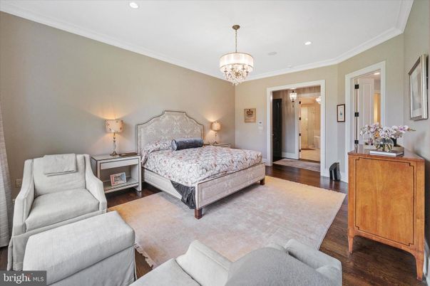 Bedroom, Chandelier, Interior, Recessed Lighting, Wood Texture Flooring