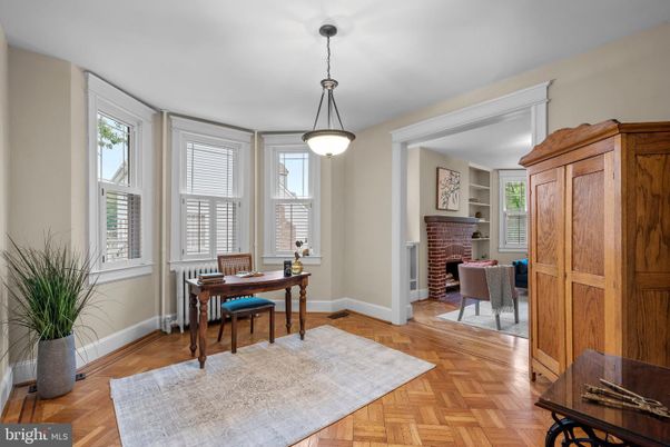 Fireplace, Home Office, Interior, Pendant Lights, Wood Texture Flooring