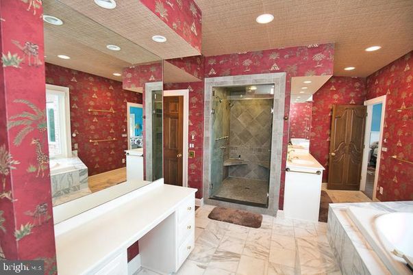 Bathroom, Glass Shower, Interior, Marble, Recessed Lighting